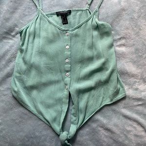 forever 21 blue green button up tank top with knot.